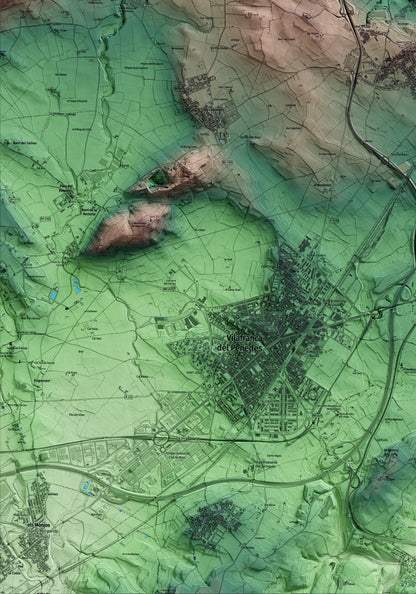 Mapa artístico del relieve de Santa Fe del Penedès, al Alt Penedès, con 15 km de entorno y base topográfica ICGC. Detalle de la zona inferior izquierda.