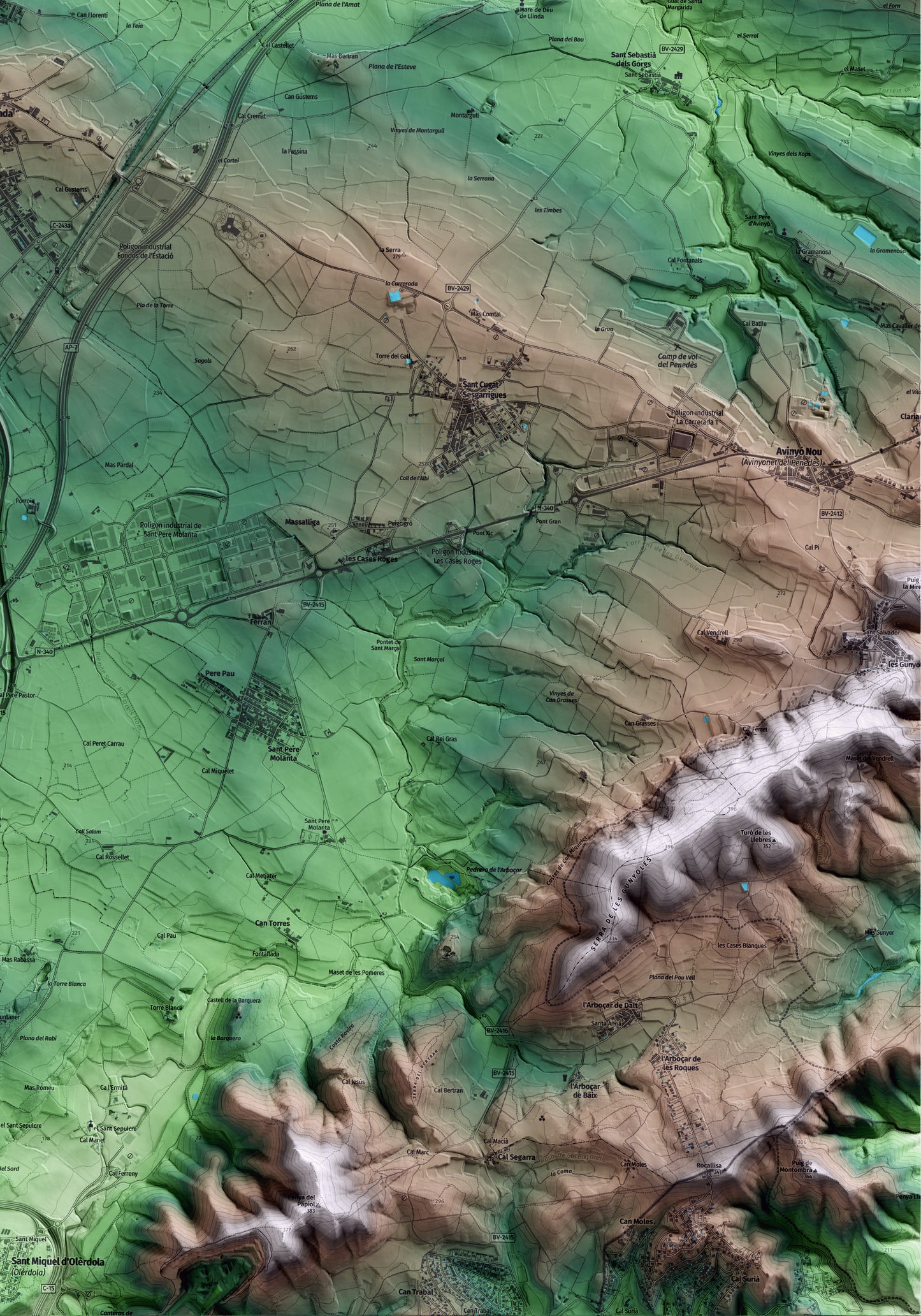 Mapa artístico del relieve de Santa Fe del Penedès, al Alt Penedès, con 15 km de entorno y base topográfica ICGC. Detalle de la zona inferior derecha.