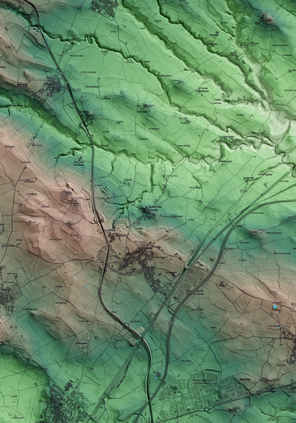 Mapa artístico del relieve de Santa Fe del Penedès, al Alt Penedès, con 15 km de entorno y base topográfica ICGC. Detalle de la zona central.
