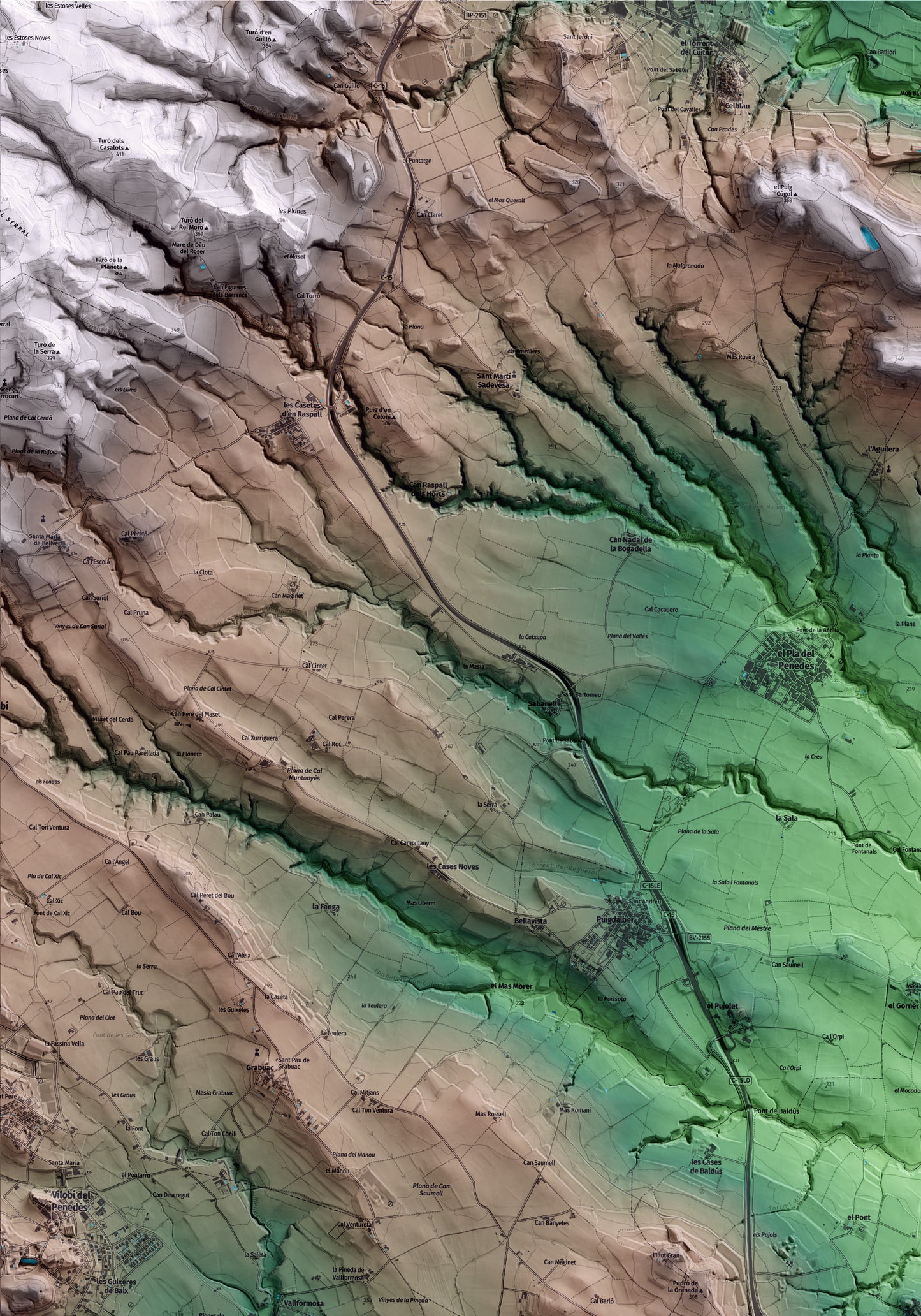 Mapa artístico del relieve de Santa Fe del Penedès, al Alt Penedès, con 15 km de entorno y base topográfica ICGC. Detalle de la zona superior izquierda.