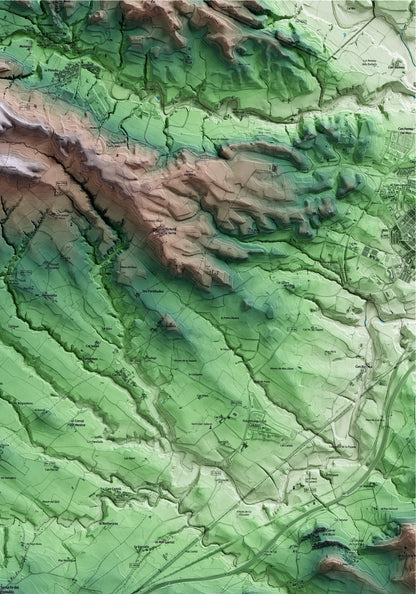 Mapa artístico del relieve de Santa Fe del Penedès, al Alt Penedès, con 15 km de entorno y base topográfica ICGC. Detalle de la zona superior derecha.