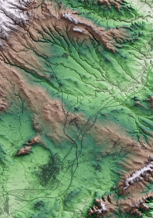 Mapa artístico del relieve de Santa Fe del Penedès, al Alt Penedès, con 15 km de entorno y base topográfica ICGC