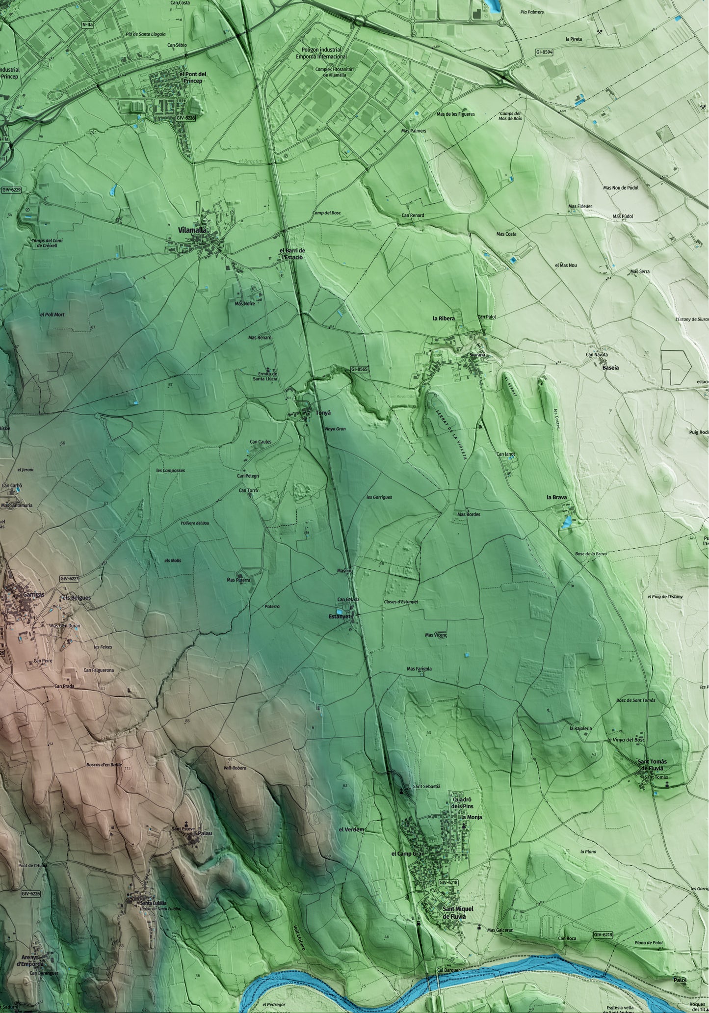 Mapa artístico del relieve de Santa Llogaia d'Àlguema, al Alt Empordà, con 15 km de entorno y base topográfica ICGC. Detalle de la zona inferior derecha.