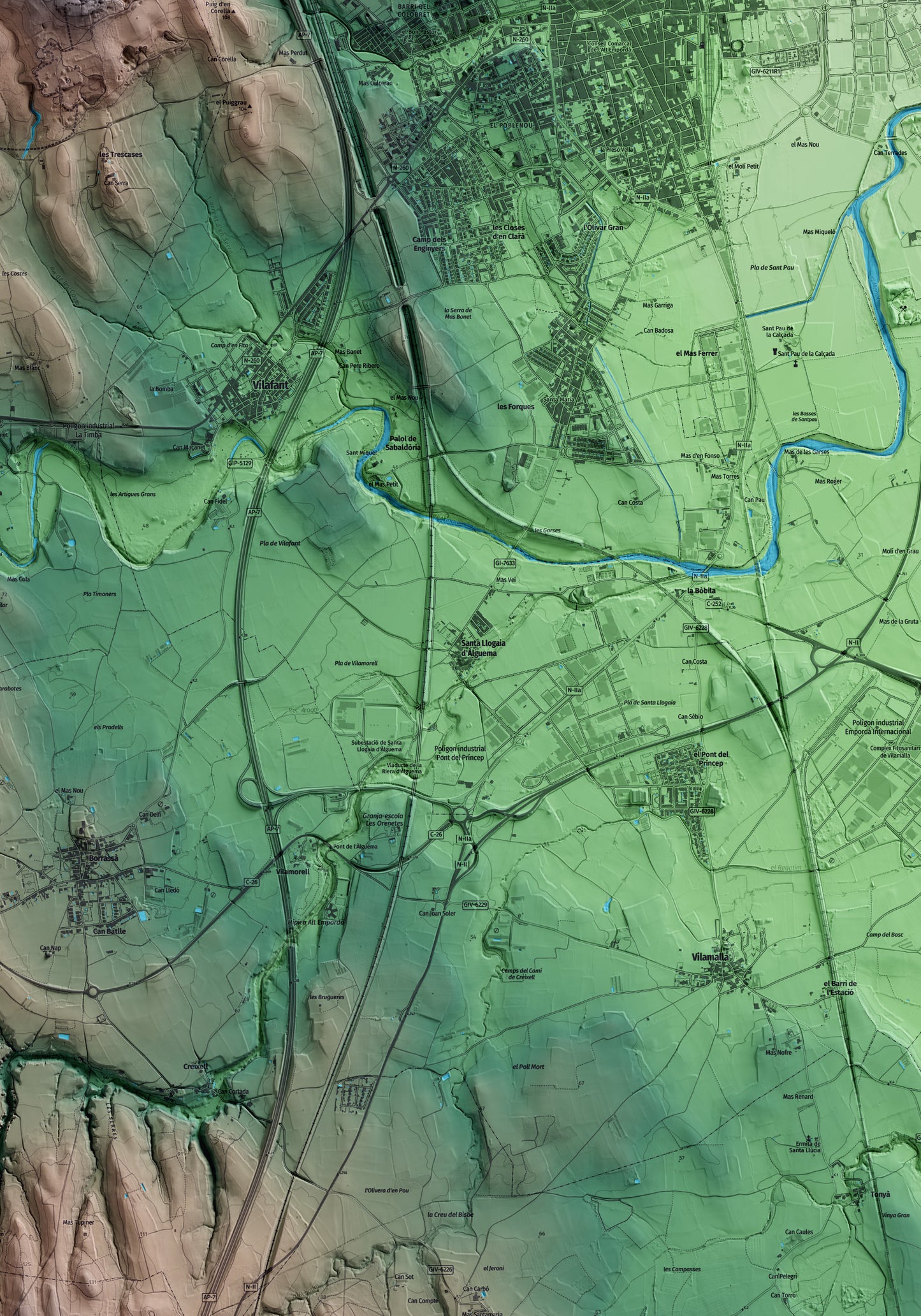 Mapa artístico del relieve de Santa Llogaia d'Àlguema, al Alt Empordà, con 15 km de entorno y base topográfica ICGC. Detalle de la zona central.
