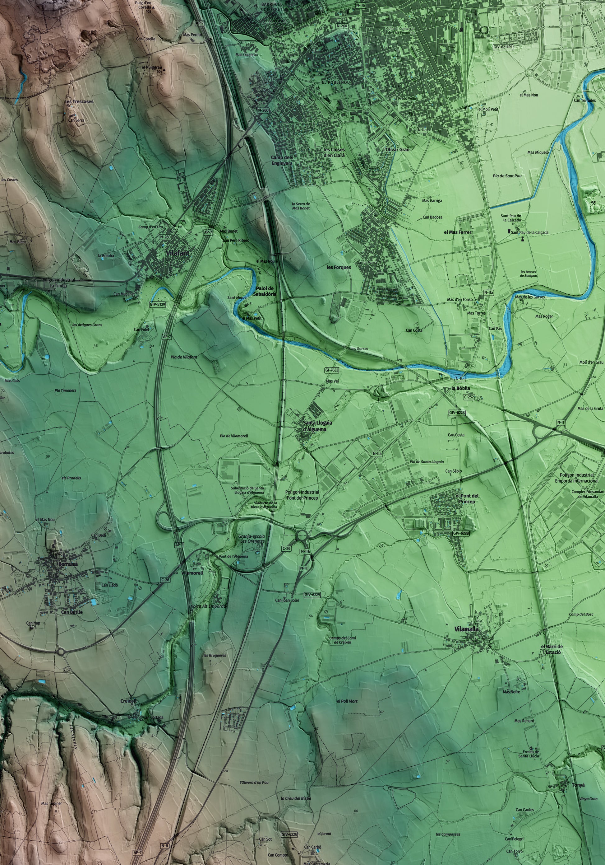 Mapa artístico del relieve de Santa Llogaia d'Àlguema, al Alt Empordà, con 15 km de entorno y base topográfica ICGC. Detalle de la zona central.