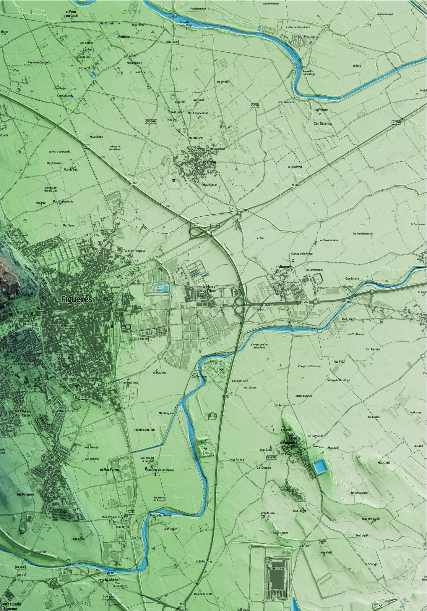 Mapa artístico del relieve de Santa Llogaia d'Àlguema, al Alt Empordà, con 15 km de entorno y base topográfica ICGC. Detalle de la zona superior derecha.