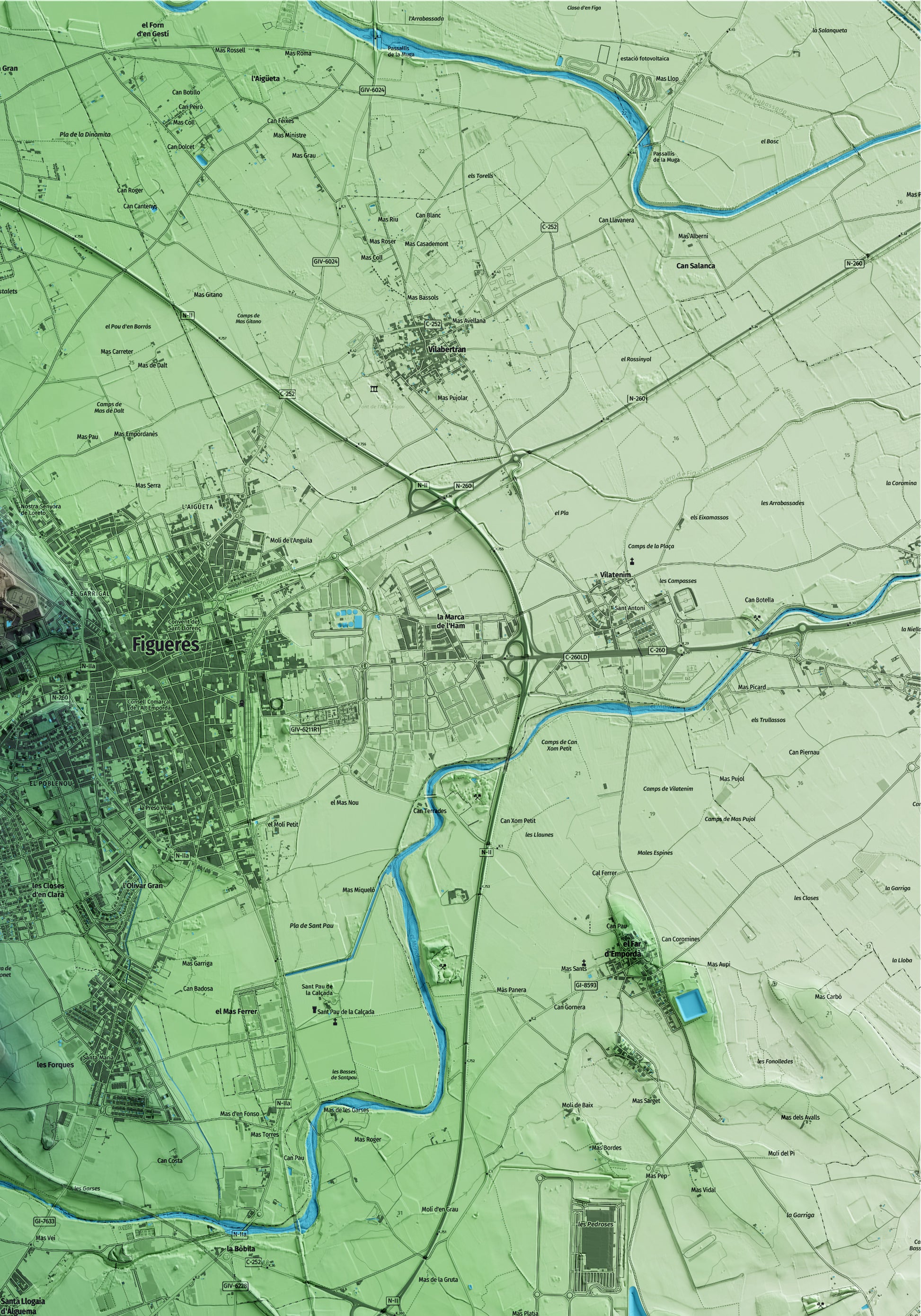 Mapa artístico del relieve de Santa Llogaia d'Àlguema, al Alt Empordà, con 15 km de entorno y base topográfica ICGC. Detalle de la zona superior derecha.