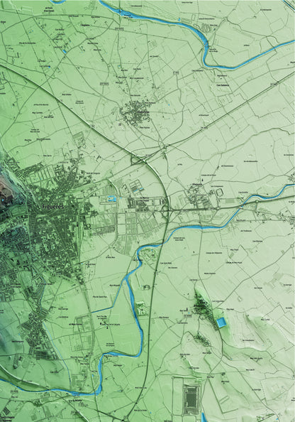 Mapa artístico del relieve de Santa Llogaia d'Àlguema, al Alt Empordà, con 15 km de entorno y base topográfica ICGC. Detalle de la zona superior derecha.