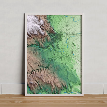 Mapa artístico del relieve de Santa Llogaia d'Àlguema, al Alt Empordà, con 15 km de entorno y base topográfica ICGC. Presentación enmarcada.