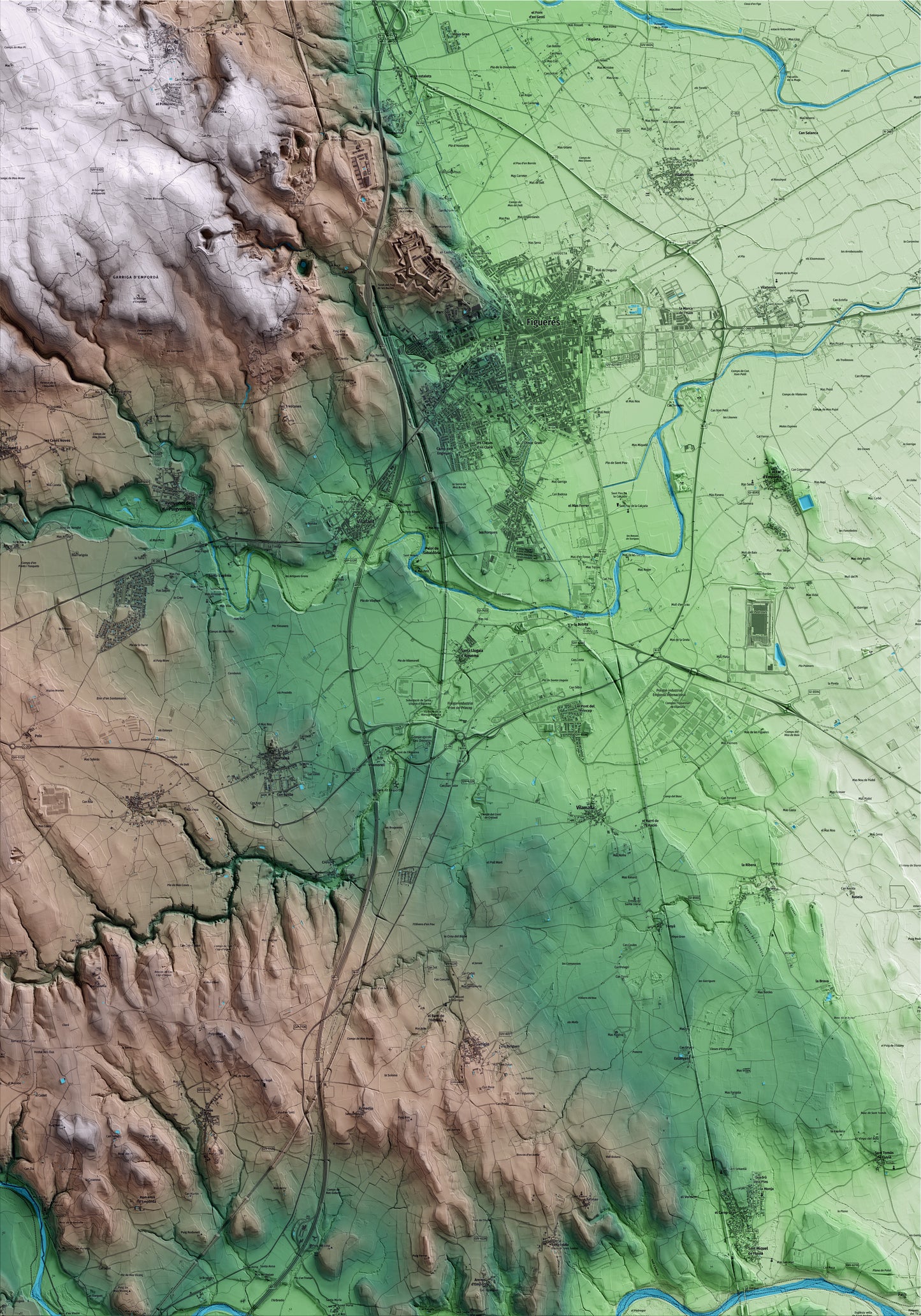 Mapa artístico del relieve de Santa Llogaia d'Àlguema, al Alt Empordà, con 15 km de entorno y base topográfica ICGC