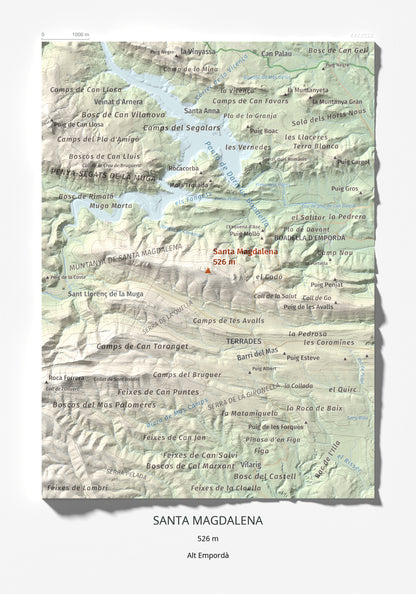Mapa de relieve de Santa Magdalena, 526 m, Alt Empordà, lámina 100 Cims de Trobart 21 × 30 cm.