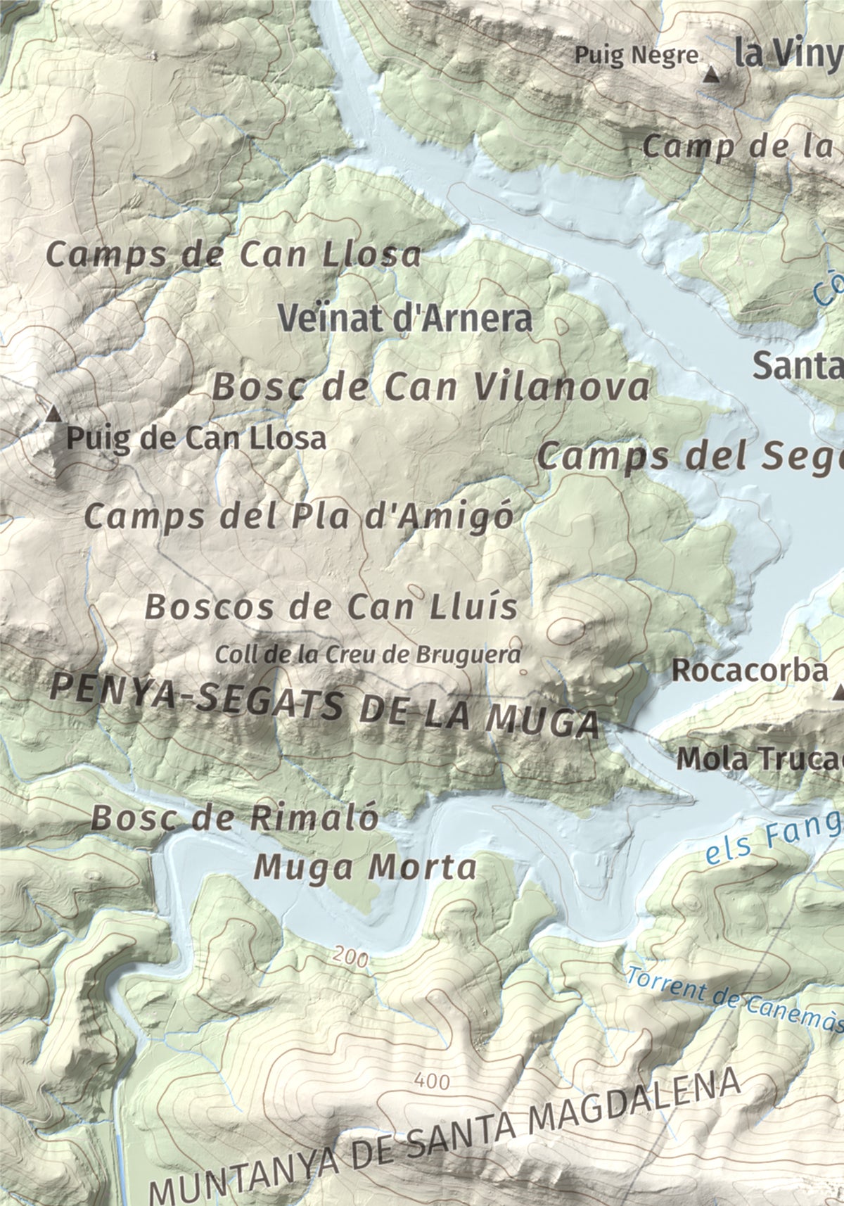 Mapa de relieve de Santa Magdalena, 526 m, Alt Empordà, lámina 100 Cims de Trobart. Detalle de la zona superior izquierda. 21 × 30 cm.
