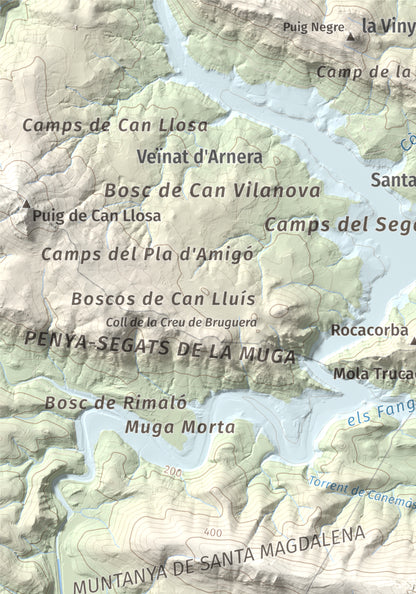 Mapa de relieve de Santa Magdalena, 526 m, Alt Empordà, lámina 100 Cims de Trobart. Detalle de la zona superior izquierda. 21 × 30 cm.
