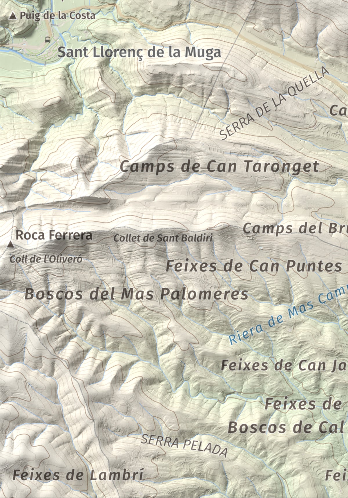 Mapa de relieve de Santa Magdalena, 526 m, Alt Empordà, lámina 100 Cims de Trobart. Detalle de la zona inferior izquierda. 21 × 30 cm.