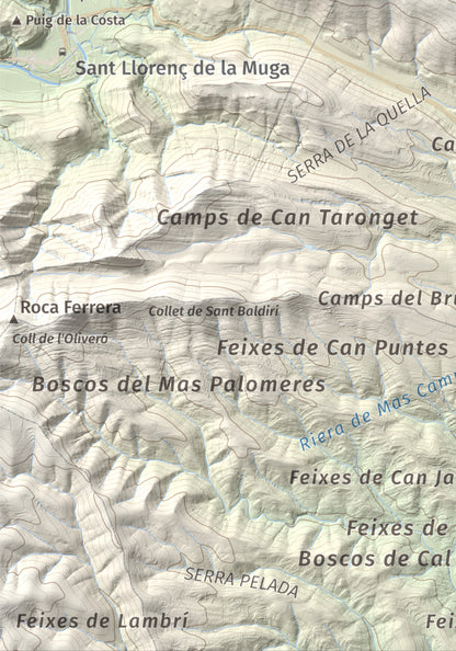 Mapa de relieve de Santa Magdalena, 526 m, Alt Empordà, lámina 100 Cims de Trobart. Detalle de la zona inferior izquierda. 21 × 30 cm.
