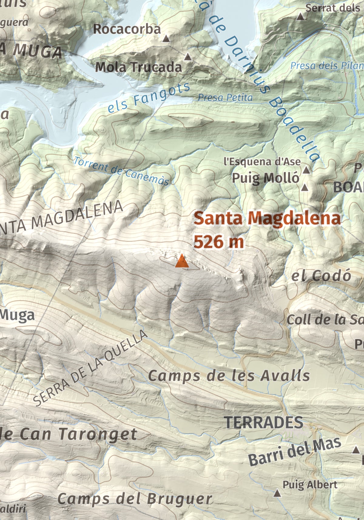 Mapa de relieve de Santa Magdalena, 526 m, Alt Empordà, lámina 100 Cims de Trobart. Detalle de la zona central. 21 × 30 cm.
