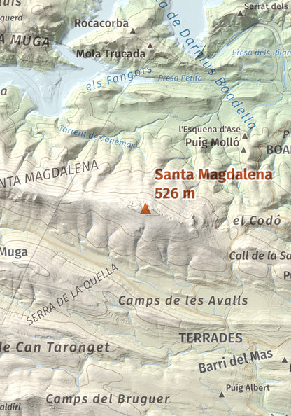 Mapa de relieve de Santa Magdalena, 526 m, Alt Empordà, lámina 100 Cims de Trobart. Detalle de la zona central. 21 × 30 cm.