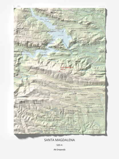 Mapa de relieve de Santa Magdalena, 526 m, Alt Empordà, lámina 100 Cims de Trobart 30 × 40 cm.