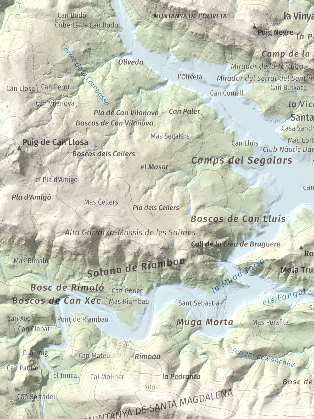 Mapa de relieve de Santa Magdalena, 526 m, Alt Empordà, lámina 100 Cims de Trobart. Detalle de la zona superior izquierda. 30 × 40 cm.