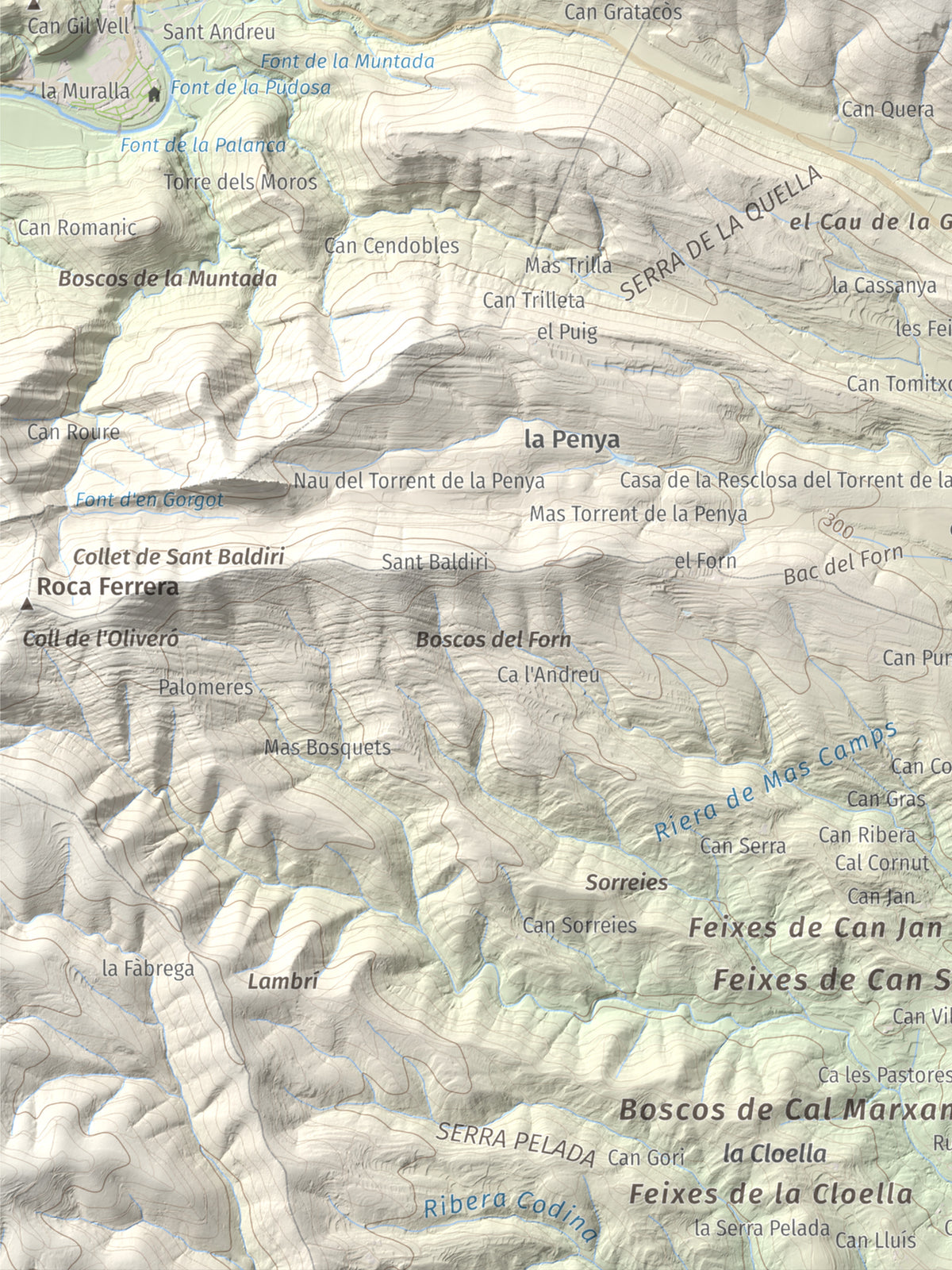 Mapa de relieve de Santa Magdalena, 526 m, Alt Empordà, lámina 100 Cims de Trobart. Detalle de la zona inferior izquierda. 30 × 40 cm.