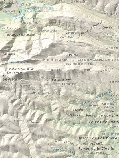 Mapa de relieve de Santa Magdalena, 526 m, Alt Empordà, lámina 100 Cims de Trobart. Detalle de la zona inferior izquierda. 30 × 40 cm.