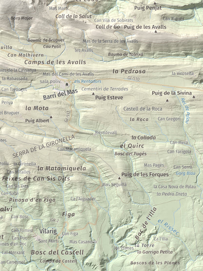 Mapa de relieve de Santa Magdalena, 526 m, Alt Empordà, lámina 100 Cims de Trobart. Detalle de la zona inferior derecha. 30 × 40 cm.