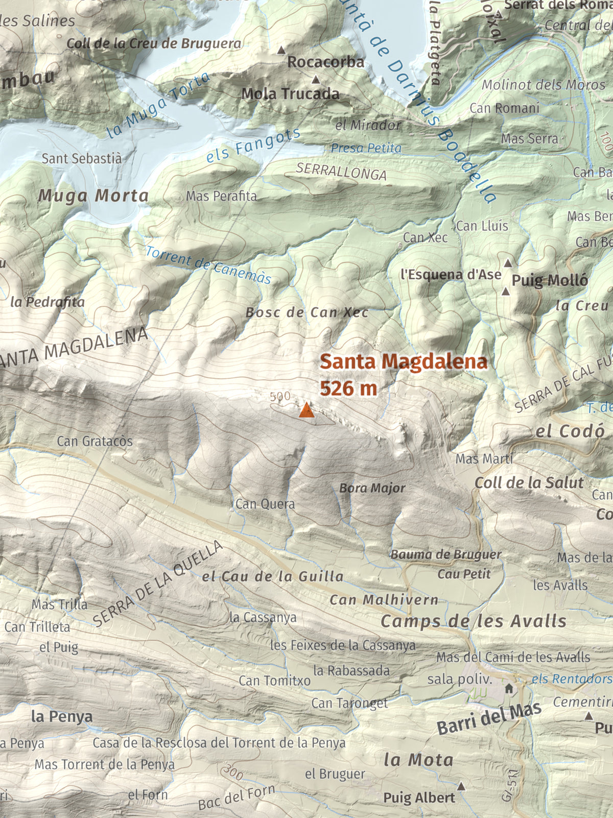 Mapa de relieve de Santa Magdalena, 526 m, Alt Empordà, lámina 100 Cims de Trobart. Detalle de la zona central. 30 × 40 cm.
