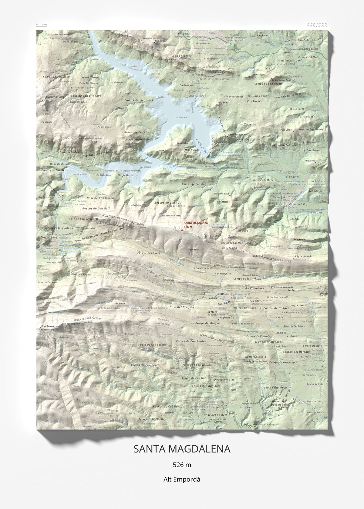 Mapa de relieve de Santa Magdalena, 526 m, Alt Empordà, lámina 100 Cims de Trobart 50 × 70 cm.