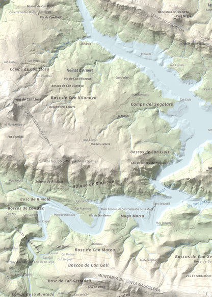 Mapa de relieve de Santa Magdalena, 526 m, Alt Empordà, lámina 100 Cims de Trobart. Detalle de la zona superior izquierda. 50 × 70 cm.