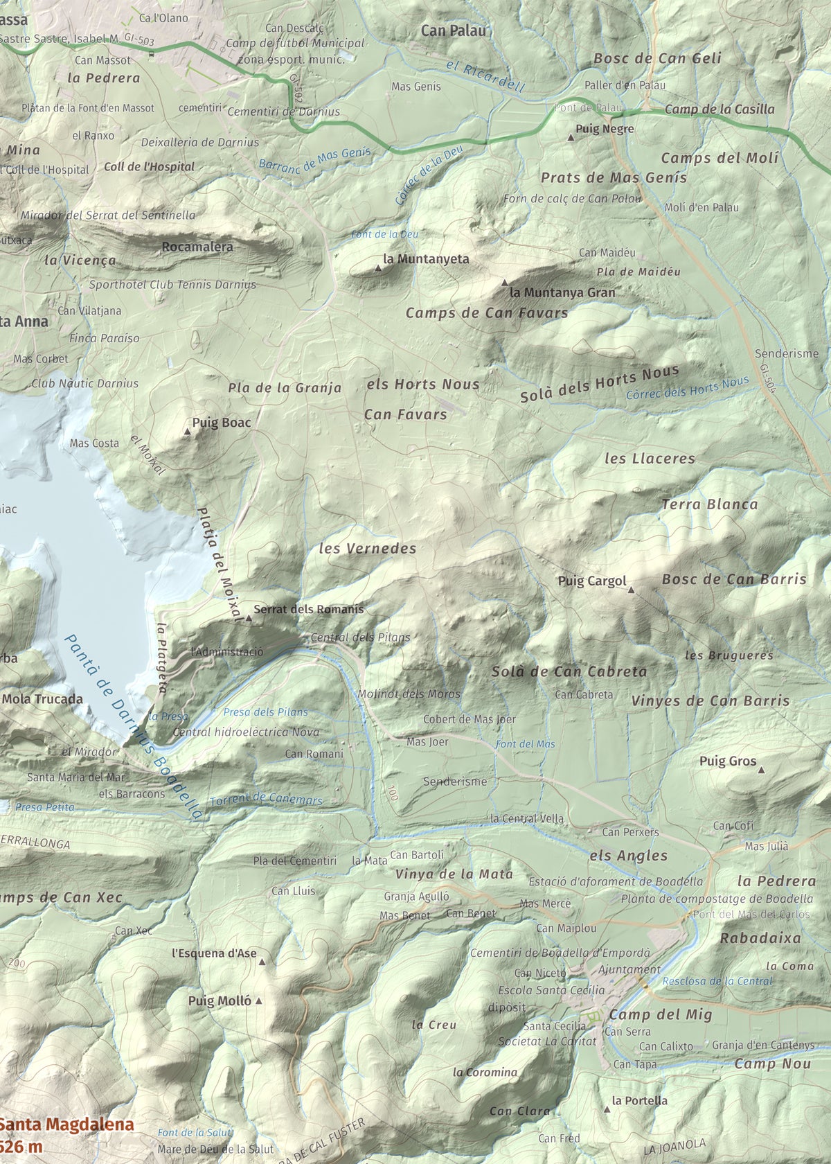 Mapa de relieve de Santa Magdalena, 526 m, Alt Empordà, lámina 100 Cims de Trobart. Detalle de la zona superior derecha. 50 × 70 cm.