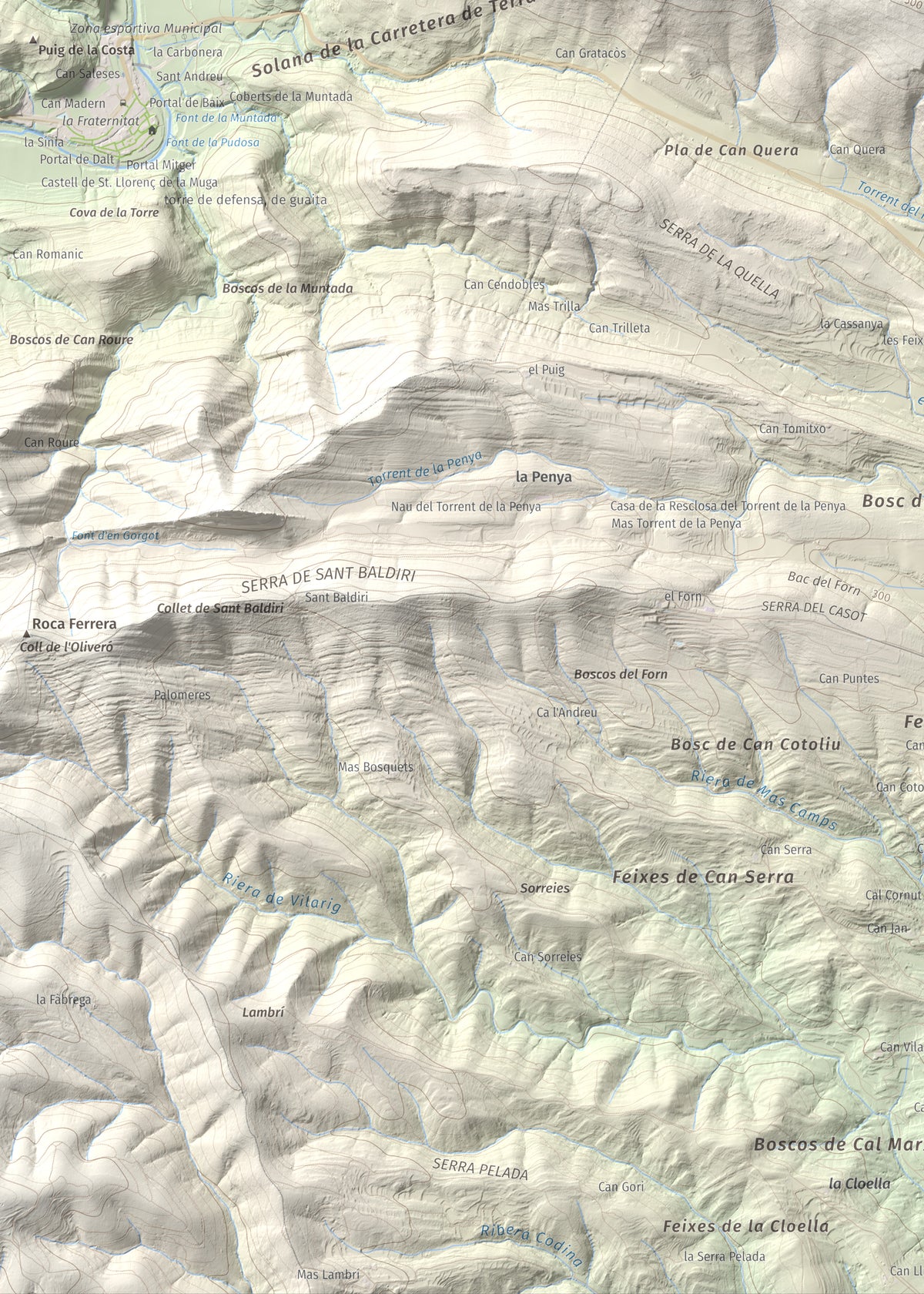 Mapa de relieve de Santa Magdalena, 526 m, Alt Empordà, lámina 100 Cims de Trobart. Detalle de la zona inferior izquierda. 50 × 70 cm.