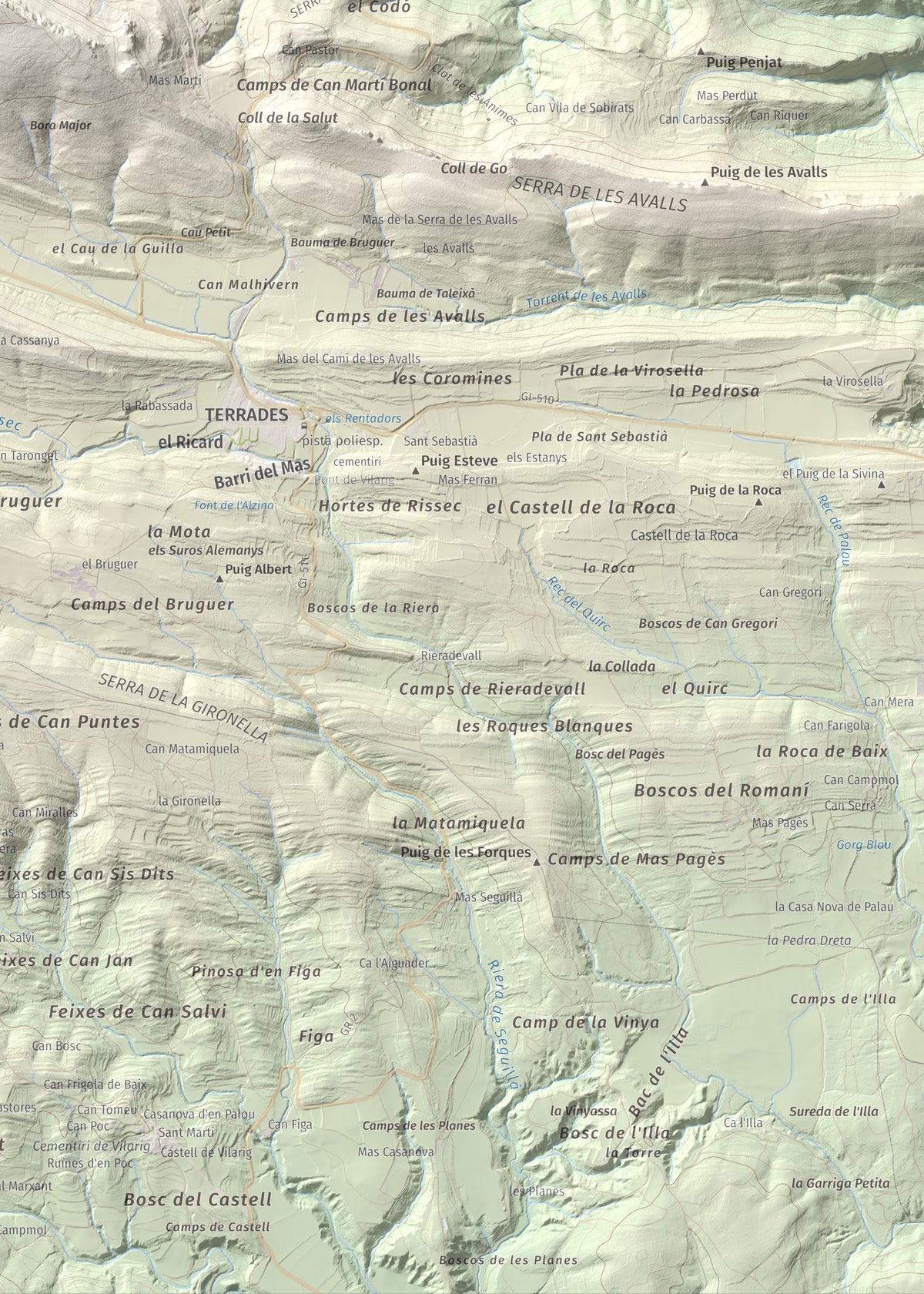 Mapa de relieve de Santa Magdalena, 526 m, Alt Empordà, lámina 100 Cims de Trobart. Detalle de la zona inferior derecha. 50 × 70 cm.