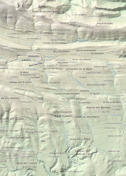 Mapa de relieve de Santa Magdalena, 526 m, Alt Empordà, lámina 100 Cims de Trobart. Detalle de la zona inferior derecha. 50 × 70 cm.