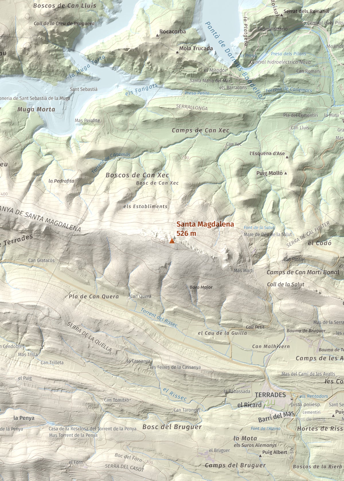 Mapa de relieve de Santa Magdalena, 526 m, Alt Empordà, lámina 100 Cims de Trobart. Detalle de la zona central. 50 × 70 cm.