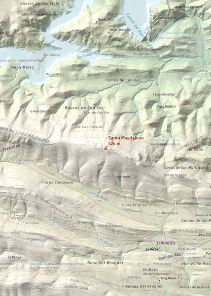 Mapa de relieve de Santa Magdalena, 526 m, Alt Empordà, lámina 100 Cims de Trobart. Detalle de la zona central. 50 × 70 cm.