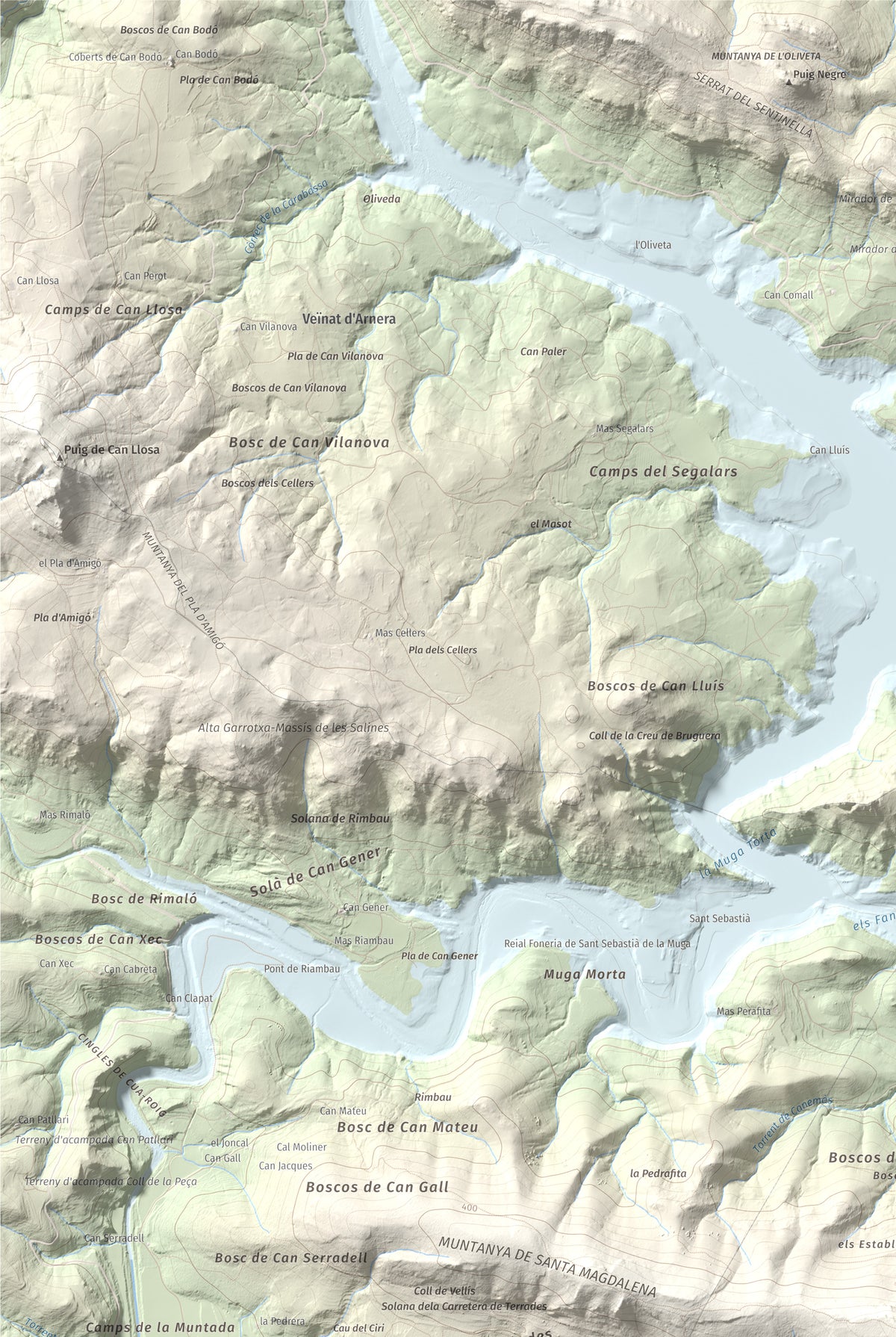 Mapa de relieve de Santa Magdalena, 526 m, Alt Empordà, lámina 100 Cims de Trobart. Detalle de la zona superior izquierda. 61 × 91 cm.