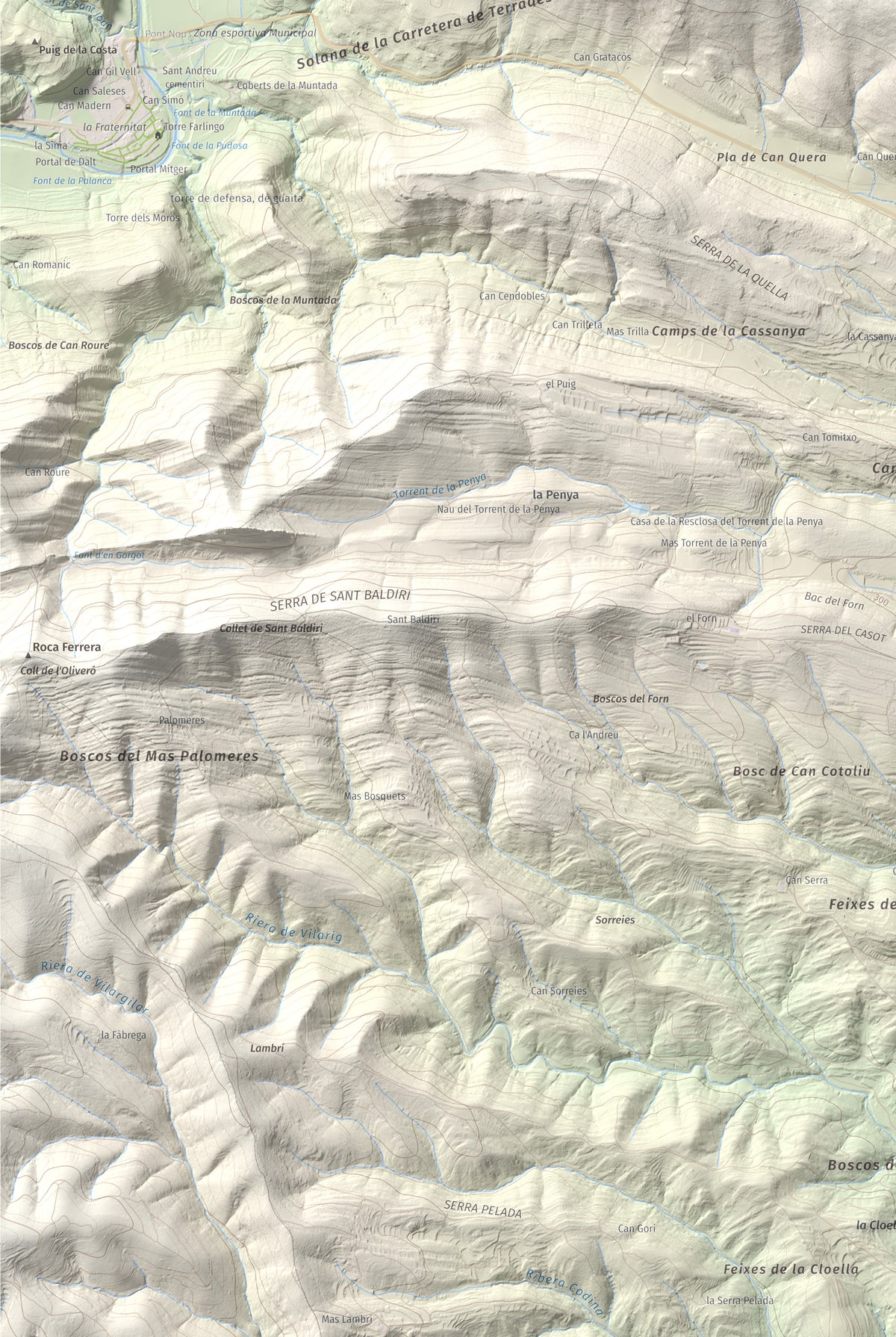 Mapa de relieve de Santa Magdalena, 526 m, Alt Empordà, lámina 100 Cims de Trobart. Detalle de la zona inferior izquierda. 61 × 91 cm.