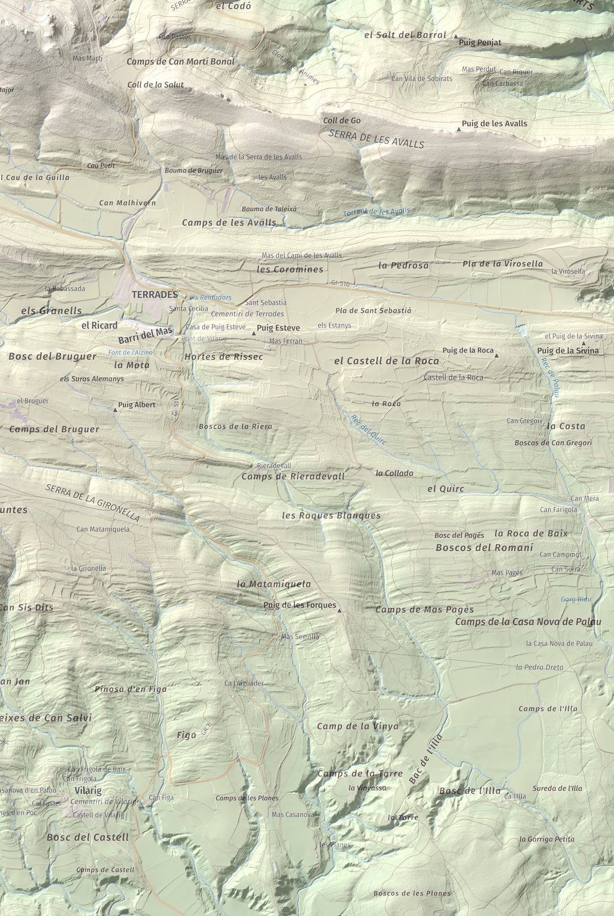 Mapa de relieve de Santa Magdalena, 526 m, Alt Empordà, lámina 100 Cims de Trobart. Detalle de la zona inferior derecha. 61 × 91 cm.