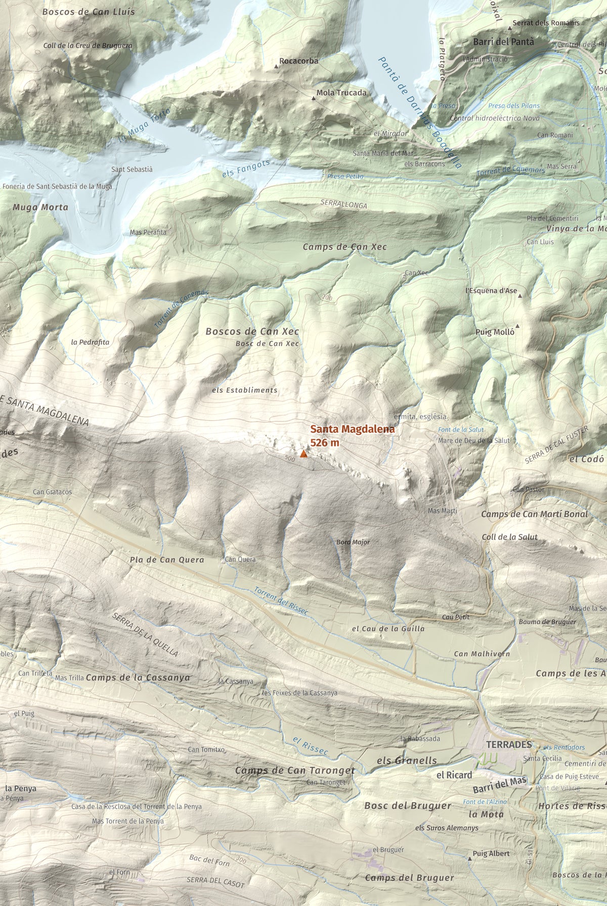 Mapa de relieve de Santa Magdalena, 526 m, Alt Empordà, lámina 100 Cims de Trobart. Detalle de la zona central. 61 × 91 cm.