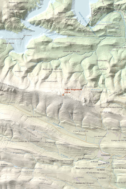 Mapa de relieve de Santa Magdalena, 526 m, Alt Empordà, lámina 100 Cims de Trobart. Detalle de la zona central. 61 × 91 cm.