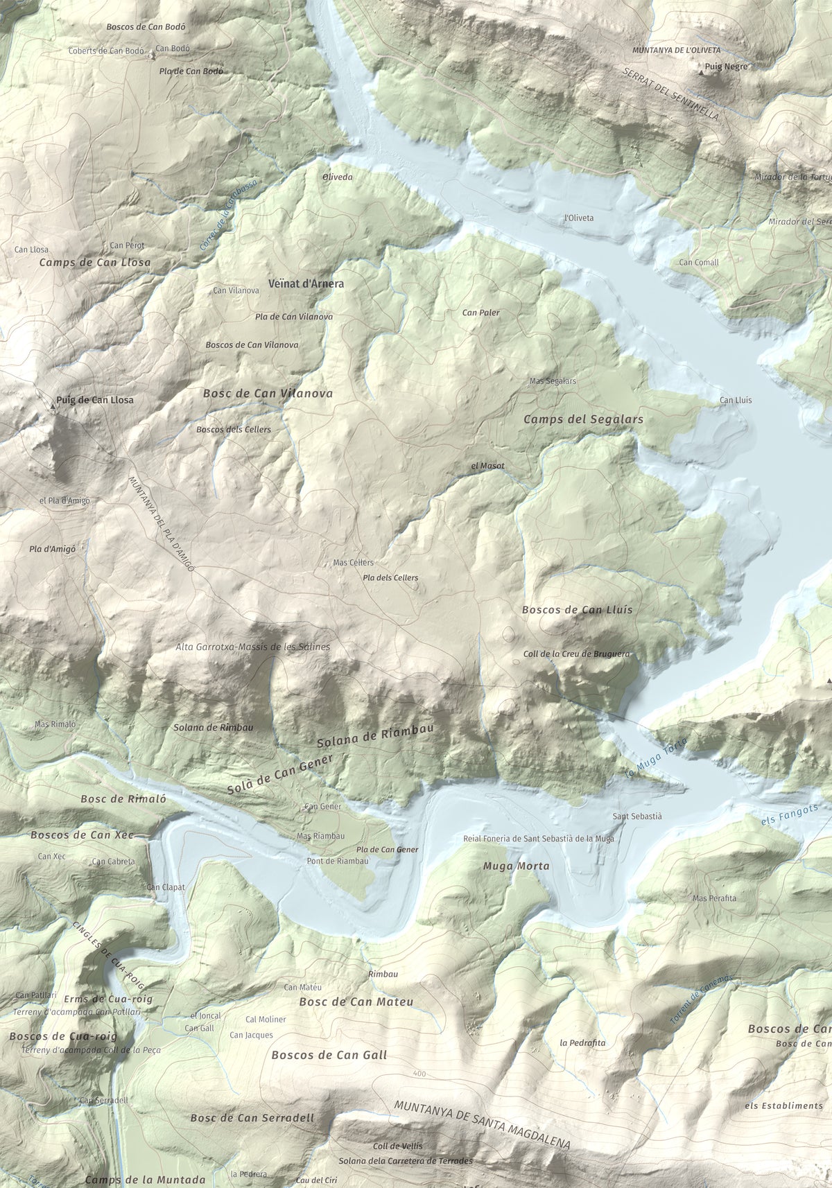 Mapa de relieve de Santa Magdalena, 526 m, Alt Empordà, lámina 100 Cims de Trobart. Detalle de la zona superior izquierda. 70 × 100 cm.