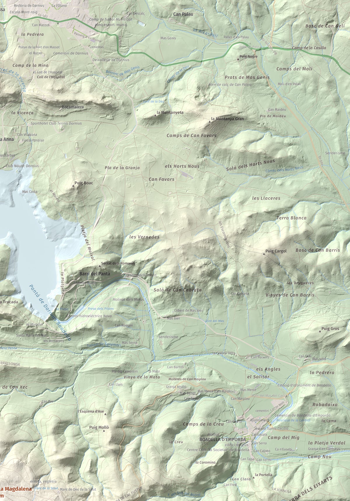 Mapa de relieve de Santa Magdalena, 526 m, Alt Empordà, lámina 100 Cims de Trobart. Detalle de la zona superior derecha. 70 × 100 cm.