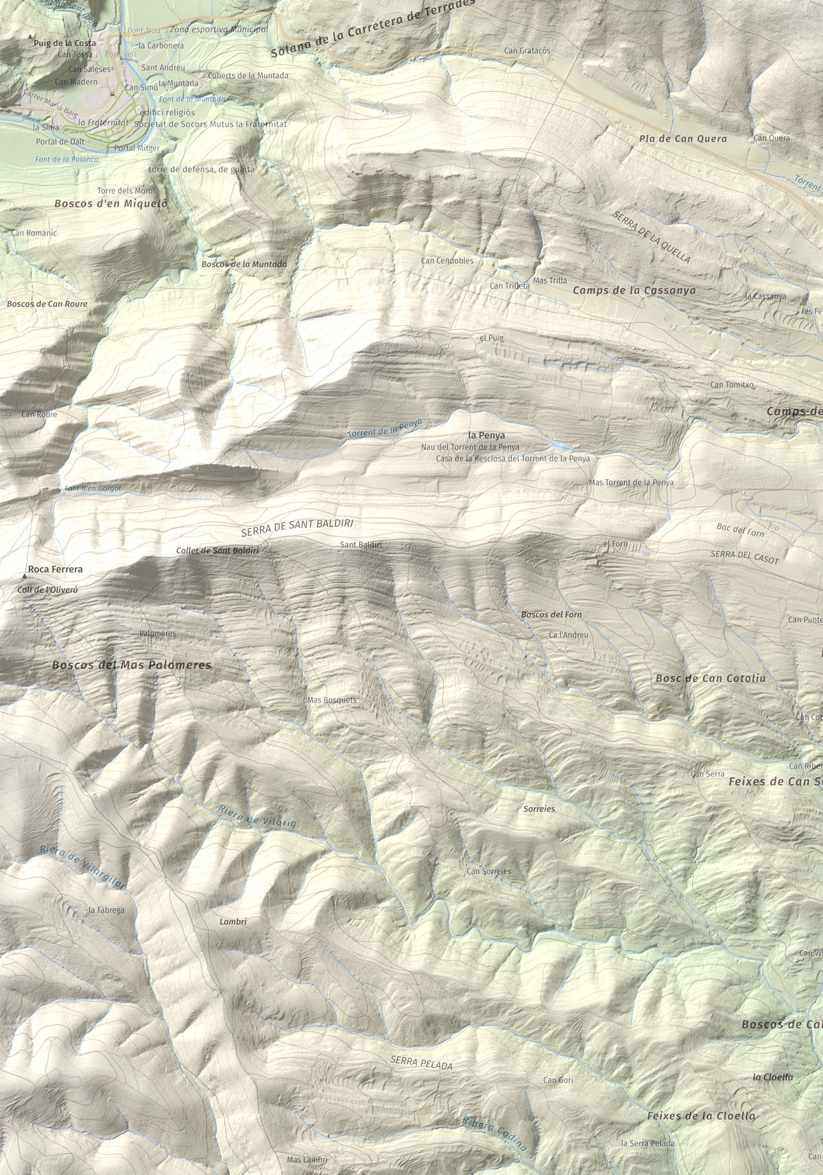 Mapa de relieve de Santa Magdalena, 526 m, Alt Empordà, lámina 100 Cims de Trobart. Detalle de la zona inferior izquierda. 70 × 100 cm.