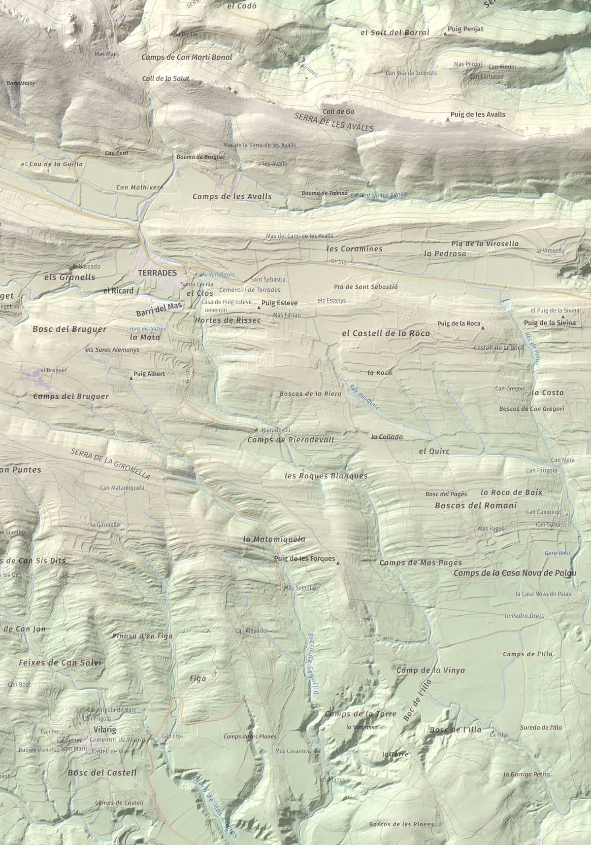 Mapa de relieve de Santa Magdalena, 526 m, Alt Empordà, lámina 100 Cims de Trobart. Detalle de la zona inferior derecha. 70 × 100 cm.
