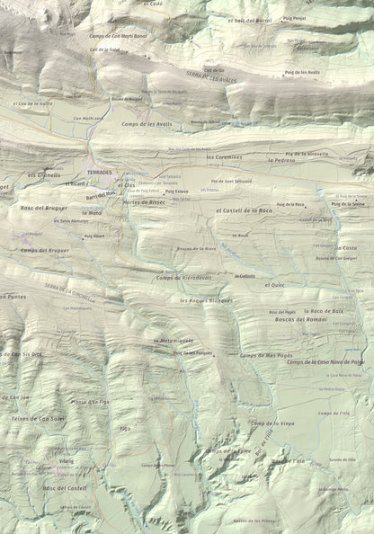 Mapa de relieve de Santa Magdalena, 526 m, Alt Empordà, lámina 100 Cims de Trobart. Detalle de la zona inferior derecha. 70 × 100 cm.