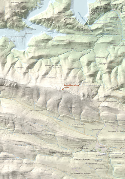 Mapa de relieve de Santa Magdalena, 526 m, Alt Empordà, lámina 100 Cims de Trobart. Detalle de la zona central. 70 × 100 cm.