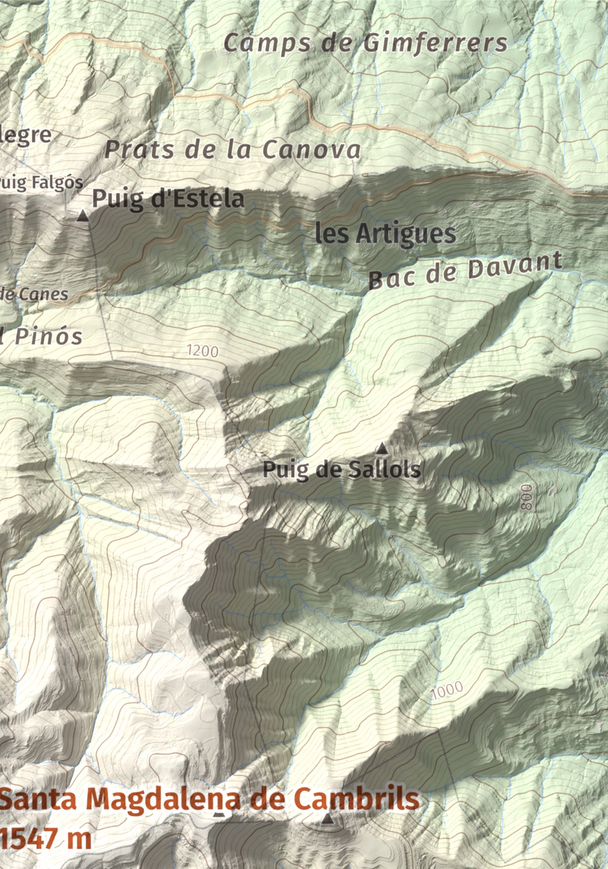 Mapa de relieve de Santa Magdalena de Cambrils, 1547 m, Osona · Ripollès, lámina 100 Cims de Trobart. Detalle de la zona superior derecha. 21 × 30 cm.