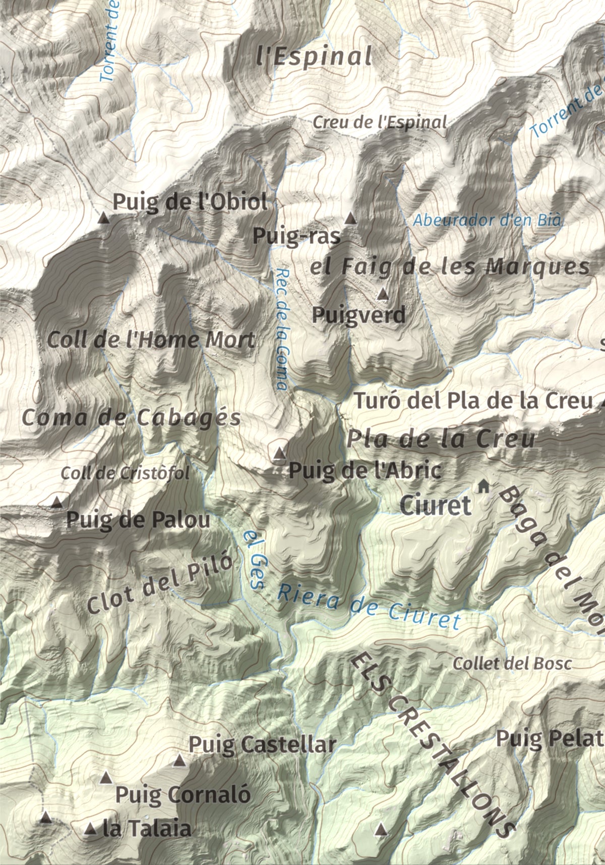 Mapa de relieve de Santa Magdalena de Cambrils, 1547 m, Osona · Ripollès, lámina 100 Cims de Trobart. Detalle de la zona inferior izquierda. 21 × 30 cm.