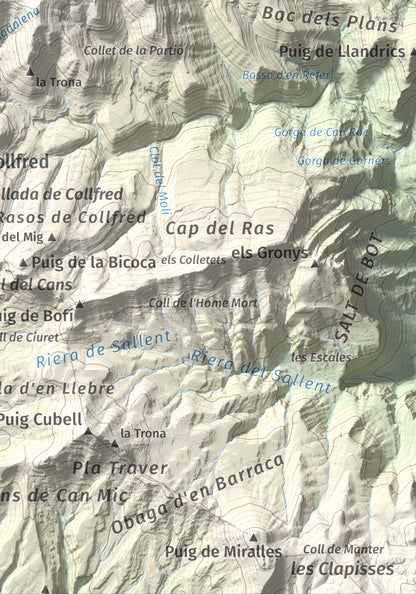 Mapa de relieve de Santa Magdalena de Cambrils, 1547 m, Osona · Ripollès, lámina 100 Cims de Trobart. Detalle de la zona inferior derecha. 21 × 30 cm.