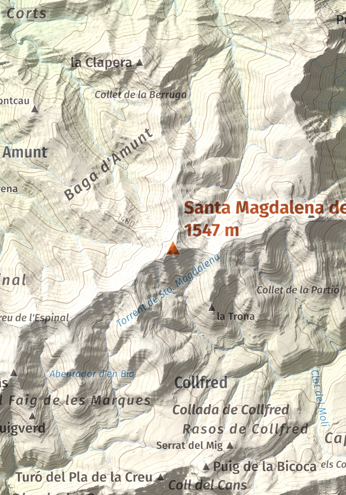 Mapa de relieve de Santa Magdalena de Cambrils, 1547 m, Osona · Ripollès, lámina 100 Cims de Trobart. Detalle de la zona central. 21 × 30 cm.